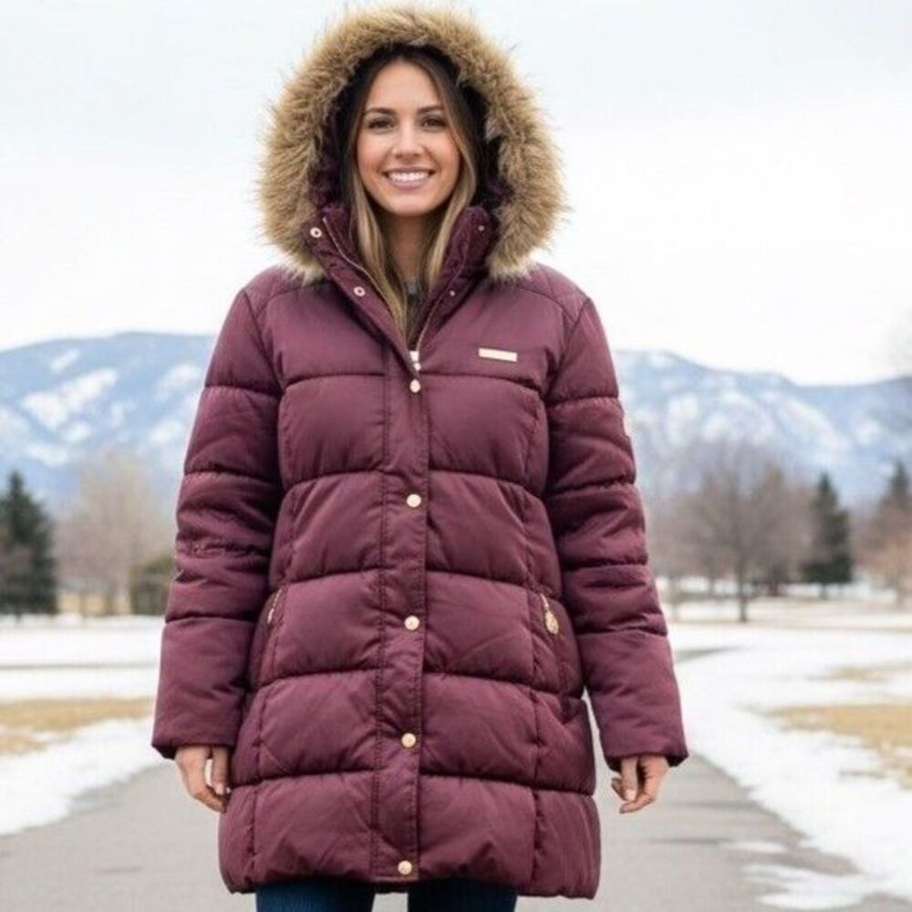 COOGI Womens Size 2X Burgundy Long Puffer Coat Faux Fur Hood Winter Jacket Y2K